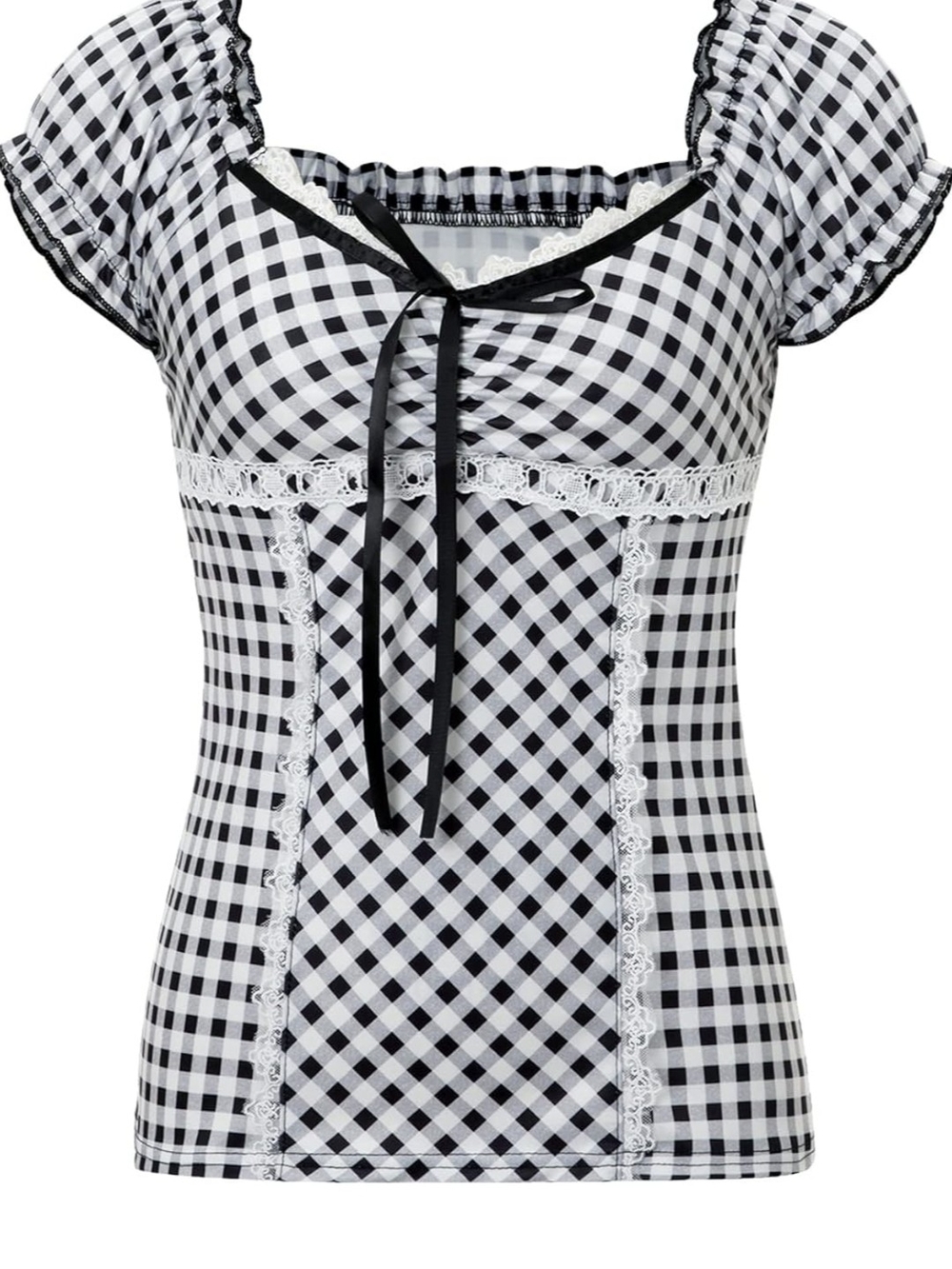 Y2K Inspired Black & White Gingham Plaid Ruffle Tank Bow & Lace Trim Size Large